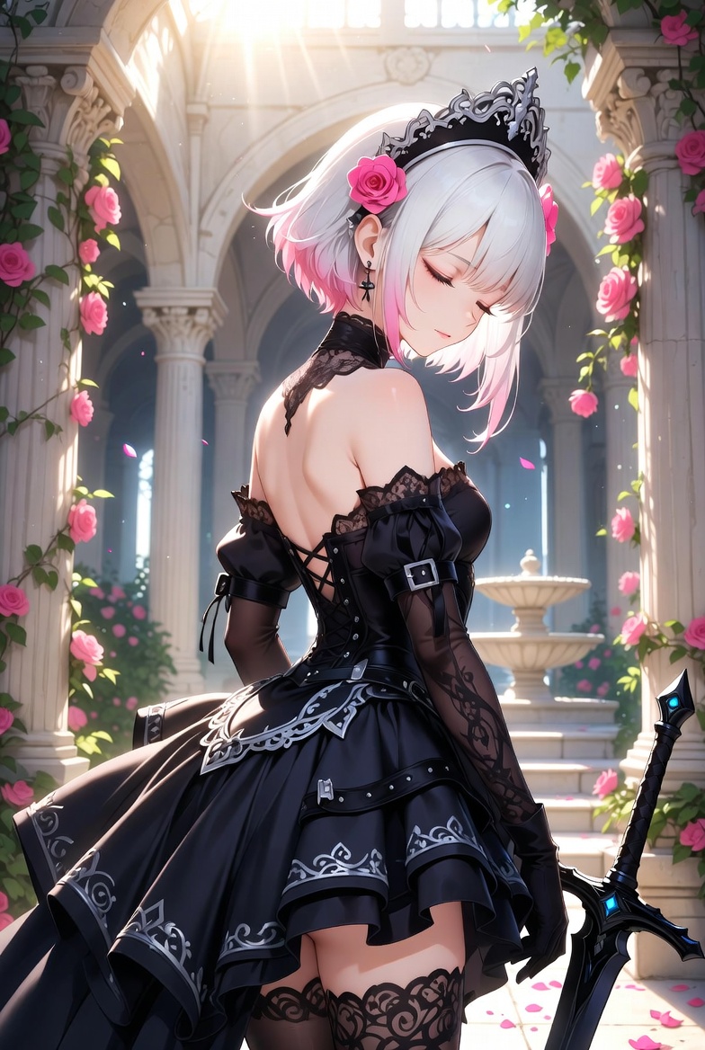 sophiasworld_17's tweet photo. This elegant gothic princess with white-pink hair throws a graceful glance over her shoulder ๐นโ๏ธ In the rose-filled courtyard with crown and sword โ pure noble beauty!
#GothicPrincess #GothicFashion #WhiteHair https://t.co/9YNaoObn4D