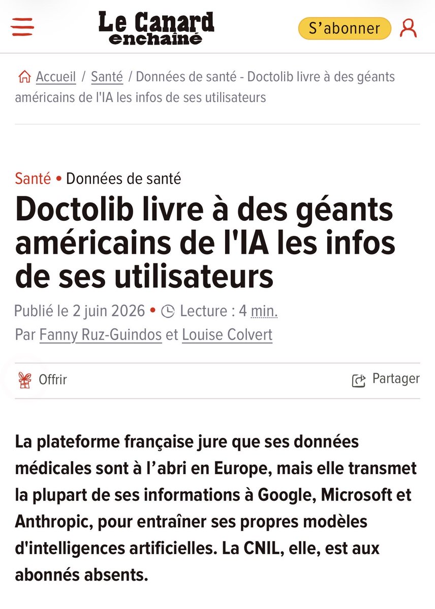 dbelaid's tweet photo. #Doctolib livre à des géants américains de l'IA les infos de ses utilisateurs https://t.co/9iD6ZFh7O1
