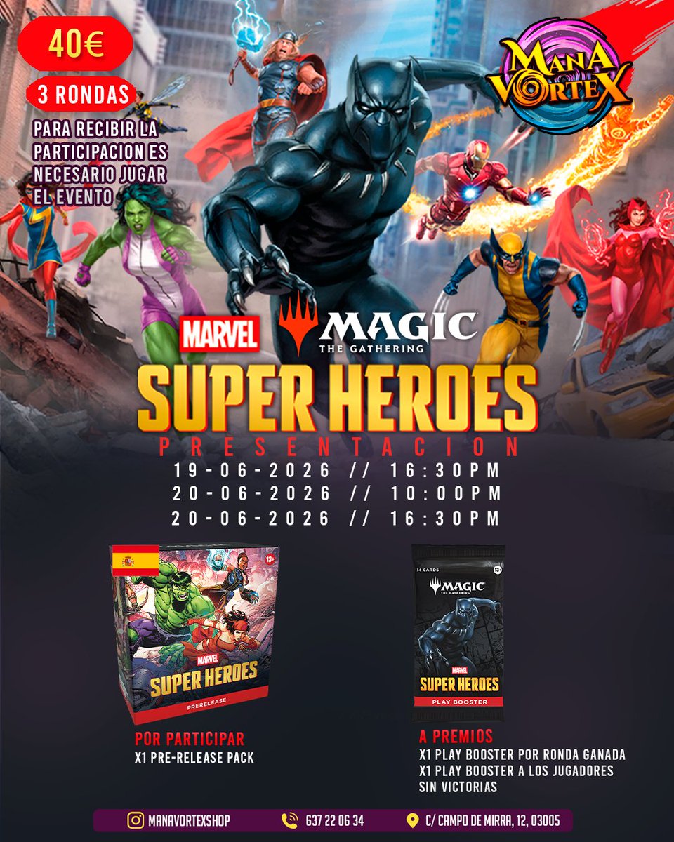 manavortexshop's tweet photo. MTG: MARVEL SUPER HEROES // PRESENTACION

El Beyond del año para todos los amantes de Marvel y MTG, un crossover divertidismo para jugar en formato sellado!

🗓️19 y 20 de JUNIO
🗺️ Mana Vortex, Alicante
🛒Pilla tu entrada: https://t.co/lcovjLrAAs https://t.co/lvkGcKpGjk