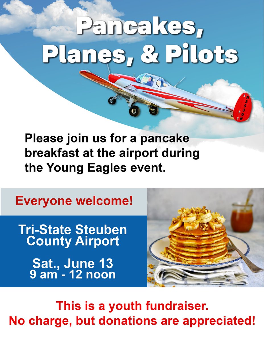 CoachSteveHelm's tweet photo. Free airplane rides for kids and pancake breakfast for all Saturday June 13 from 9-12 at the Tri-State Steuben County Airport in Angola Indiana https://t.co/QPNp9I3vQR