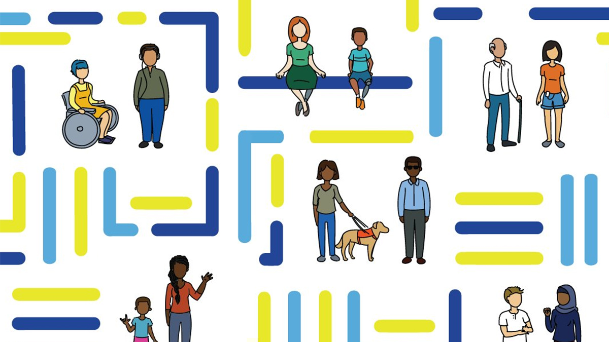 IMAGE : Dessin avec arrière-plan blanc présentant de nombreux segments de lignes horizontales et verticales de trois couleurs (bleu pâle, bleu foncé et vert lime). Entre ces segments de lignes sont représentées différentes personnes en situation de handicap.