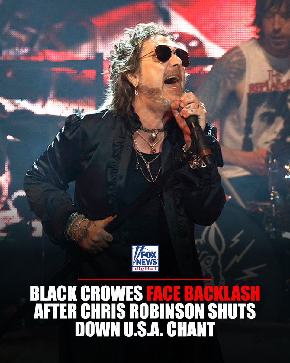 FoxNewsEnt's tweet photo. Black Crowes frontman Chris Robinson shuts down a U.S.A. chant mid-concert in Tampa, telling the crowd 'I don't know what you have to be so proud of right now.' 

Fans booed. Some walked out before the show ended.

The moment reportedly came after the band's own screen displayed their mascot dressed as Uncle Sam — prompting the patriotic chant Robinson then killed. Now the backlash continues to grow online.

📸: Jason Kempin/Getty Images