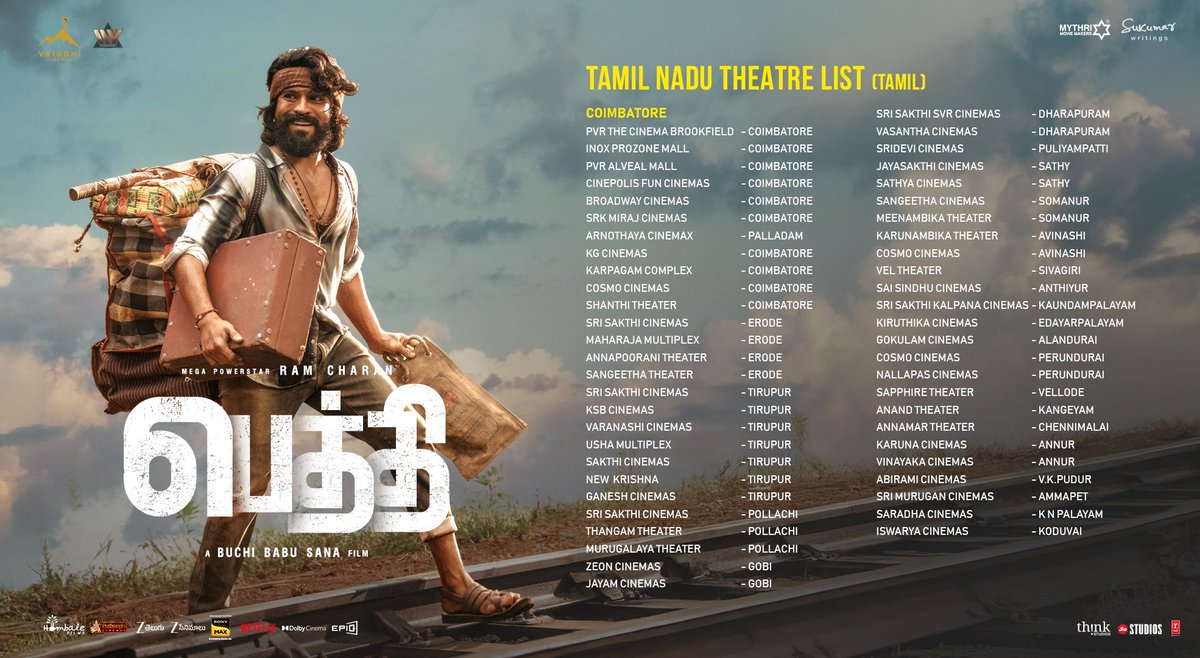ThinkStudiosInd's tweet photo. #Peddi is all set to hit the big screens from tomorrow 💥❤️

Here's the Tamil Nadu theatres list 🎬
Book your tickets now 🍿
Tickets link in BIO 🎟️

Tamil Nadu theatrical release by @ThinkStudiosInd https://t.co/UjxHux70yO