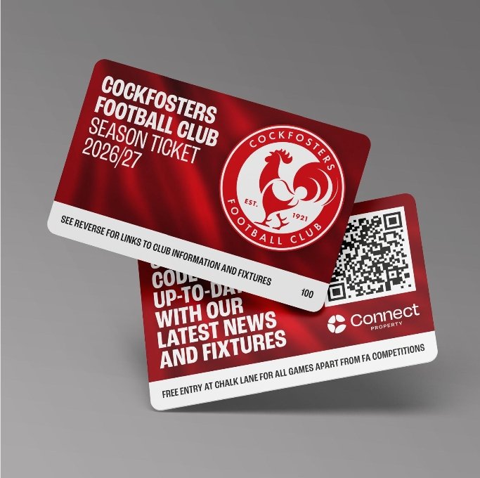CockfostersFC's tweet photo. Season Tickets 2026-27. 

25% EARLY BIRD OFFER 
valid until 22 June

£60 Adults
- Normally £80

£37.50 Concessions
- Normally £50

Our magical season concluded with a trip to wembley! Get on board early & join us for the new campaign ahead, for less than £4 a fixture for Seniors and £2.50 for concessions. 

Hit the link! https://t.co/PtIyWUvIwU

Up The Cocks! 🐓