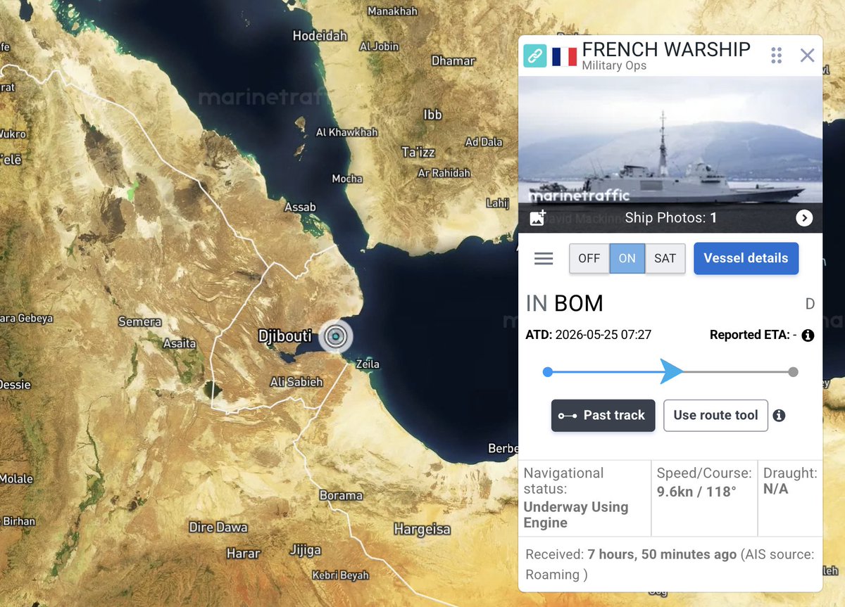 AtlasObserver's tweet photo. French warship popped up off the coast of Djibouti today https://t.co/zKDwdfG75H