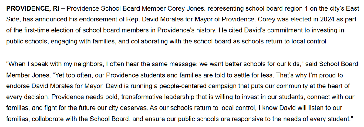 FitzProv's tweet photo. PVD School Board member @CoreyJonesPVD endorses @DavidMoralesPVD for mayor of Providence. https://t.co/kQ7IjGVJB6