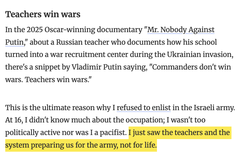 _ZachFoster's tweet photo. The Israeli education system prepares Israeli youth for the army, not for life. Israel is an army with a small, genocidal society attached to it via @Etanetan23 
https://t.co/vE5m3zYClz https://t.co/ZCkfr1jeMI