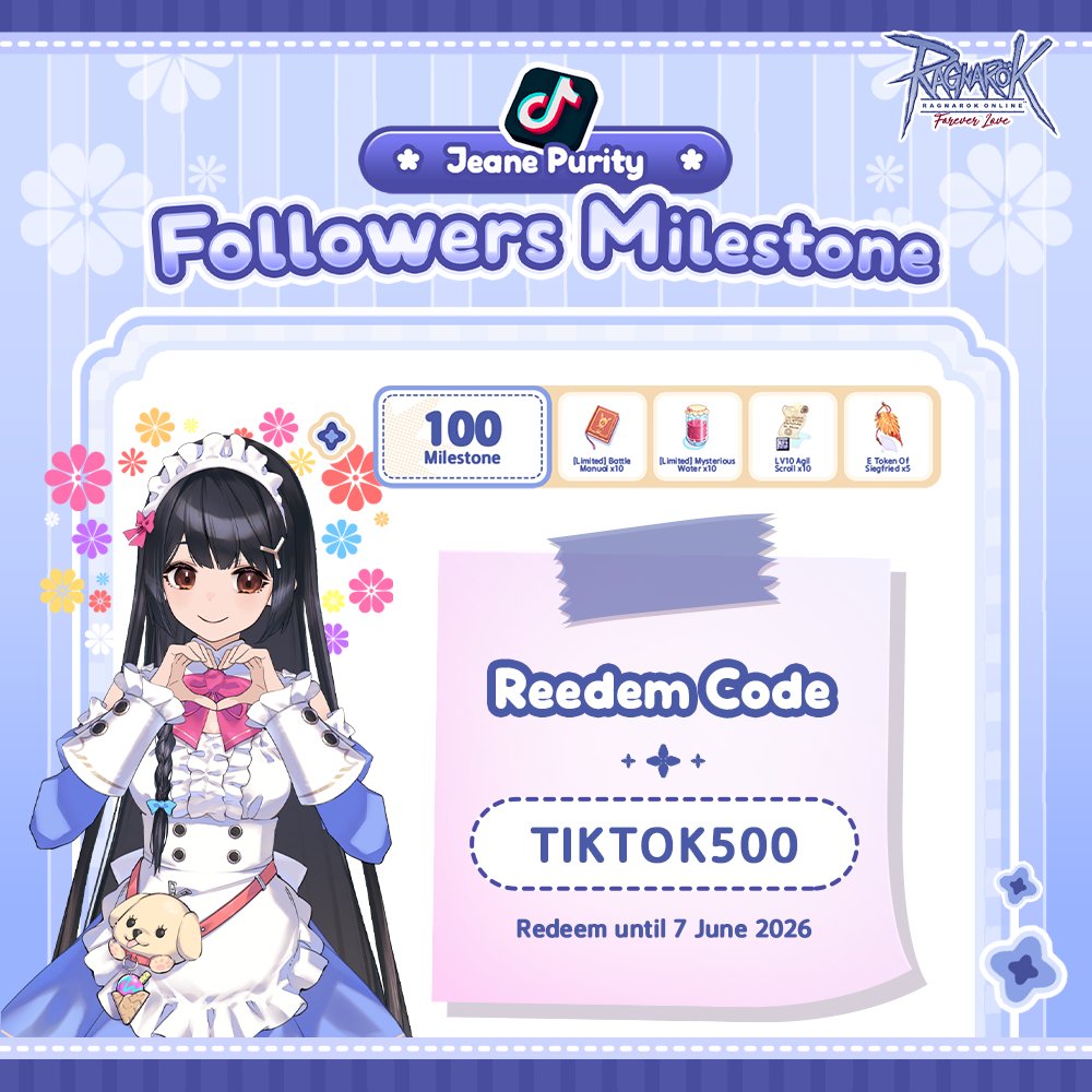 JeanePurity's tweet photo. 📢 Code Reveal Tiktok Milestone

Halo Master dan Lady! 💖
Periode event Tiktok Milestone telah berakhir~
🎀 Kode bisa di Claim hingga 7 June 2026 🎀

Tetap ikuti Keseruan Jeane di 🔎https://t.co/GpASZX3cWb

💠🎀
#JeanePurity #PurityBeam #YEahJIN #VtuberID
#VtuberIndonesia https://t.co/TcjKhrM7qa