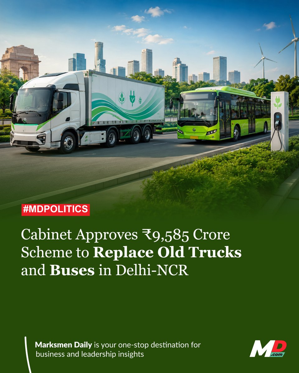 DailyMarksmen's tweet photo. New Delhi: The Union Cabinet, chaired by Prime Minister Narendra modi has approved a major two-year initiative aimed at reducing air pollution and promoting cleaner transportation across the Delhi-NCR region. The scheme, with a total financial outlay of ₹9,585 crore, will be funded through the National Capital Region Planning Board (NCRPB) under the Ministry of Housing and Urban Affairs. It will be implemented jointly by the Ministry of Road Transport and Highways and the Ministry of Petroleum and Natural Gas, in coordination with the governments of Delhi, Haryana, Rajasthan, and Uttar Pradesh.

Under the programme, owners of approximately 2.07 lakh commercial vehicles—including 1.91 lakh trucks and 16,329 buses registered in Delhi-NCR—will be encouraged to replace older vehicles complying with BS-IV or earlier emission standards with BS-VI-compliant vehicles or electric vehicles (EVs).

Article link -  https://t.co/xlqGslIiSG 

#CleanTransportDelhi #PollutionReduction #NCRGreenInitiative #ElectricVehicles #SustainableMobility #MarksmenDaily