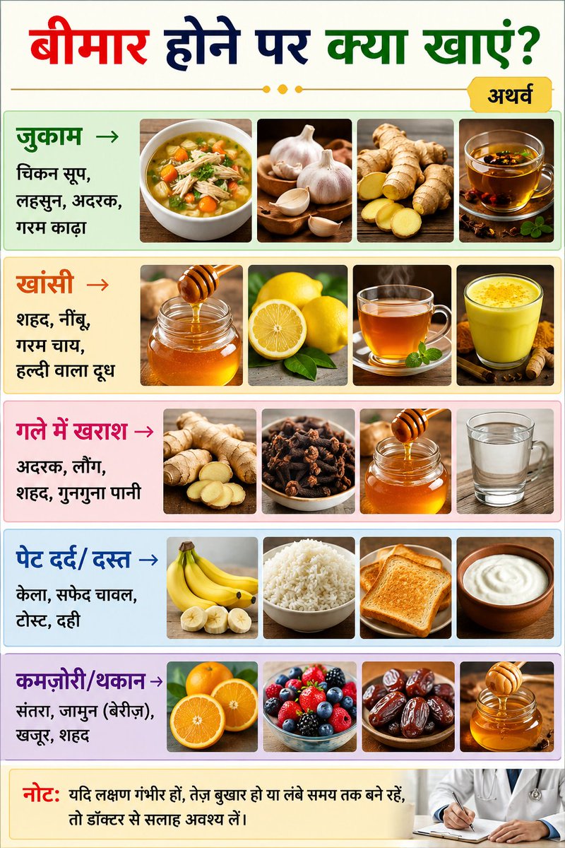 Talwar_1009's tweet photo. बीमार होने पर क्या खाएं?

जुकाम → चिकन सूप, लहसुन, अदरक, गरम काढ़ा

खांसी → शहद, नींबू, गरम चाय, हल्दी वाला दूध

गले में खराश → अदरक, लौंग, शहद, गुनगुना पानी

पेट दर्द/दस्त → केला, सफेद चावल, टोस्ट, दही

कमज़ोरी/थकान → संतरा, जामुन (बेरीज़), खजूर, शहद

नोट: यदि लक्षण गंभीर हों, तेज़ बुखार हो या लंबे समय तक बने रहें, तो डॉक्टर से सलाह अवश्य लें।
