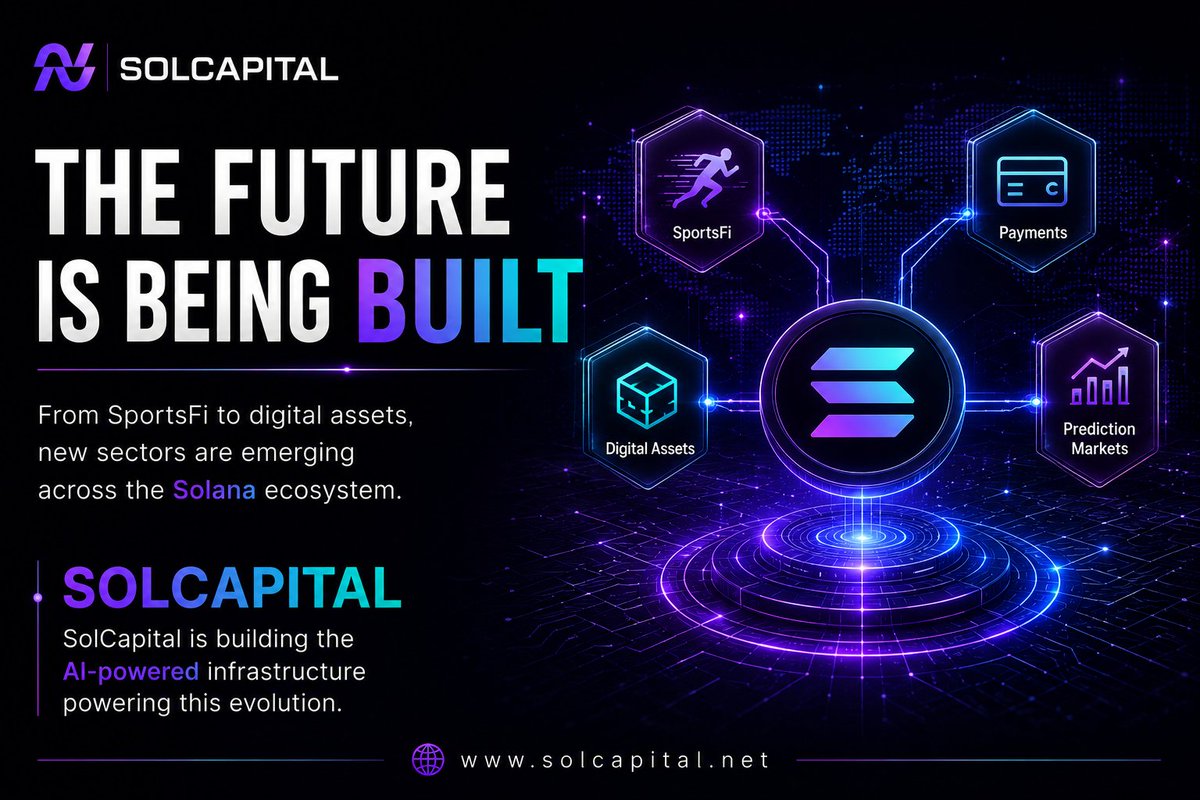 solcapitalltd's tweet photo. The next wave of innovation on Solana is taking shape.
From SportsFi and Payments to Prediction Markets and Digital Assets, new sectors are emerging—and infrastructure will define who leads. 
SolCapital is building the AI-powered foundation designed to accelerate this evolution. https://t.co/CHMPX2PWst