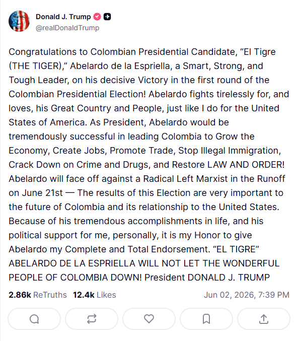 USEmbassyBogota's tweet photo. ¡Felicitaciones al Candidato Presidencial Colombiano, “El Tigre (THE TIGER)”, Abelardo de la Espriella, un Líder Inteligente, Fuerte y Duro, por su decisiva Victoria en la primera vuelta de la Elección Presidencial Colombiana!

Abelardo lucha incansablemente por, y ama a, su Gran País y Pueblo, tal como yo lo hago por los Estados Unidos de América. ¡Como Presidente, Abelardo tendría un éxito tremendo liderando a Colombia para Hacer Crecer la Economía, Crear Empleos, Promover el Comercio, Detener la Inmigración Ilegal, Combatir el Crimen y las Drogas, y Restaurar la LEY Y EL ORDEN!

Abelardo se enfrentará a un Marxista de Izquierda Radical en la Segunda Vuelta el 21 de junio — Los resultados de esta Elección son muy importantes para el futuro de Colombia y su relación con los Estados Unidos.

Debido a sus tremendos logros en la vida, y su apoyo político para mí, personalmente, es mi Honor darle a Abelardo mi Completo y Total Respaldo. ¡ “EL TIGRE” ABELARDO DE LA ESPRIELLA NO LE FALLARÁ AL MARAVILLOSO PUEBLO DE COLOMBIA!

Presidente DONALD J. Trump

https://t.co/ZsAtEEcGBL