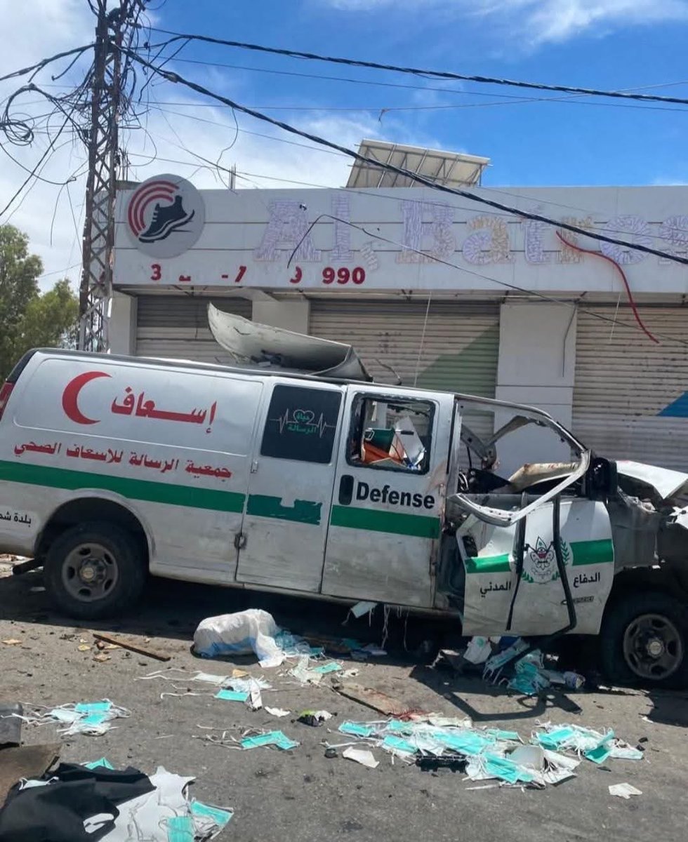 mhdksafa's tweet photo. This’s not a military vehicle, this is an ambulance that Israel deliberately targeted today.

Israel deliberately targeted 158 ambulances, killing 128+ health workers and paramedics, and injuring 332 others since March 2—an average of 2 killed per day for almost 90 days.

This violates international humanitarian law and is a war crime under the Rome Statute, but international law clearly doesn't apply to Israel.