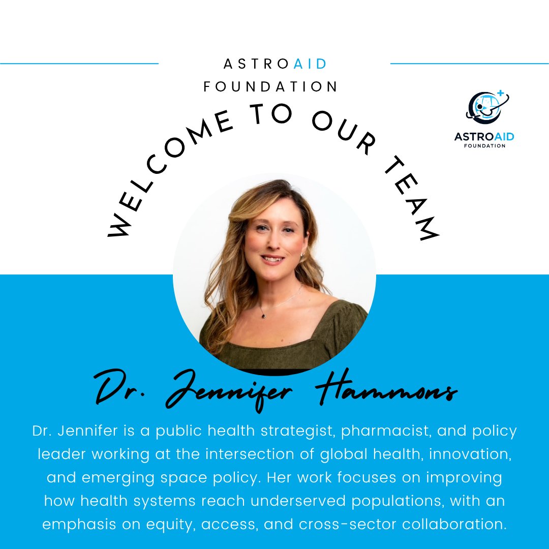 AstroAidF's tweet photo. We are very pleased to welcome Dr. Jen Hammons, PharmD, DrPH, to the AstroAid Foundation as our new Director of Space & Public Health Policy. 🌍🛰️

Dr. Jennifer Hammons is a public health strategist, pharmacist, and policy leader working at the intersection of global health, innovation, and emerging space policy. Her work focuses on improving how health systems reach underserved populations, with an emphasis on equity, access, and cross-sector collaboration.

Holding both a Doctor of Pharmacy (PharmD) and a Doctor of Public Health (DrPH) in Public Health Leadership, with specialization in Integrative and Preventive Care and Rural Health, Dr. Hammons brings a systems-level perspective to complex health challenges. She advances scalable, equity-driven models that expand access to care for underserved populations.

Dr. Hammons is expanding her work to the global stage through engagement in health diplomacy and policy at the intersection of space and public health. She is particularly interested in how space-based technologies can be leveraged to expand access to care and strengthen health systems in resource-limited and geographically isolated settings, with a focus on ethical, equity-driven innovation. 🚀

She is an emerging voice in global health leadership, bringing frontline experience into policy conversations and advocating for systems that prioritize people over geography. Her work reflects a commitment to advancing practical, scalable solutions that improve access to care and health outcomes across diverse settings.

Welcome to the team, Dr. Jen — we are truly delighted to have you with us. 💙

#AstroAidFoundation #PublicHealth #GlobalHealth #SpaceAndHealth #HealthEquity #Innovation #SpaceForGood #UnderservedCommunities #HealthcareAccess