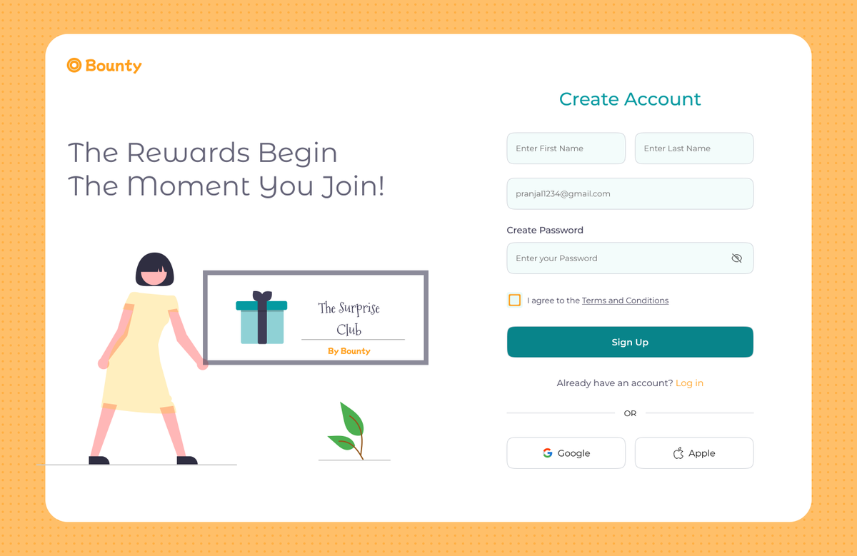 praan_'s tweet photo. Daily UI #001: Sign Up
Bounty, a fictional rewards app.
Design decisions:
- Warm palette instead of a clinical/ corporate style, to match the "rewards" emotional promise.
- Illustration to humanize onboarding.

Feedback is always welcome.
#DailyUI #UIDesign #ProductDesign #Figma https://t.co/xKr9jzR3gb