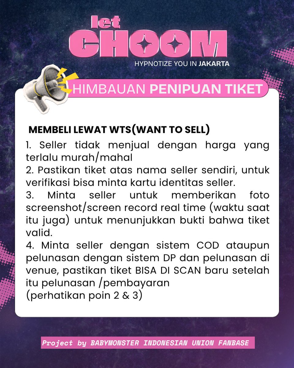 Monstiez_INA's tweet photo. 🚨 ATTENTION MONSTIEZ!! GET READY FOR PRESALE?! 🚨

Halo Monstiez, H-1 PRESALE MEMBERSHIP nih! Yuk, simak beberapa poin penting dari Mintiez, biar kamu gak kejebak sama penipu tiket.

#LetCHOOMHypnotizeJAKARTA #BABYMONSTER #베이비몬스터 https://t.co/wAOHODuW6D