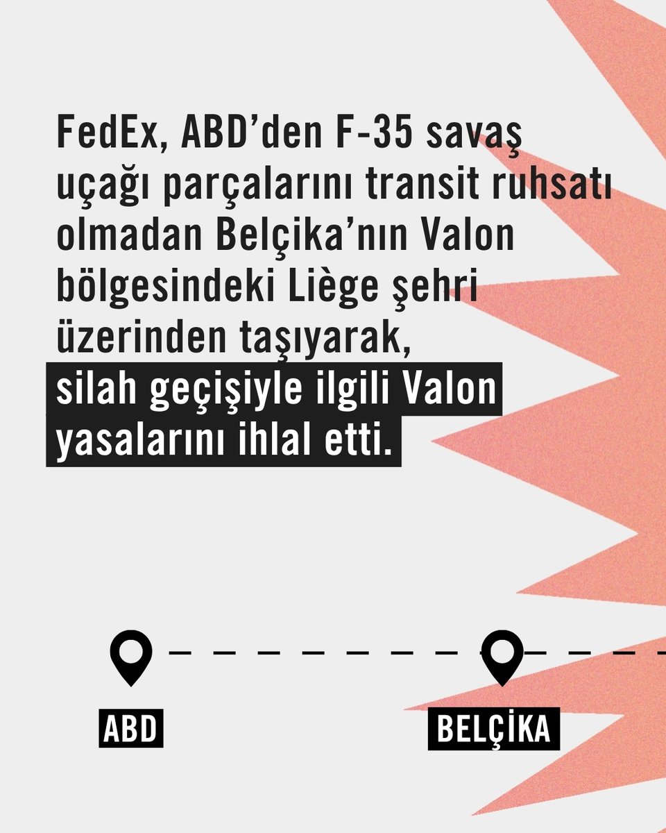 aforgutu's tweet photo. Uluslararası Af Örgütü, FexEx Belçika hakkında şirketin Belçika üzerinden İsrail’e hukuka aykırı olarak silah taşıdığı gerekçesiyle yapılan suç duyurusuna müdahil oldu. FedEx Belçika’nın yasal ruhsat olmadan taşıdığı iddia edilen silahlar arasında, İsrail’in işgal altındaki Gazze Şeridi’nde Filistinlilere yönelik devam eden soykırımı kapsamında sıklıkla kullandığı F-35 savaş uçaklarının parçaları da yer alıyor.

❗ FedEx faaliyetlerinin insan hakları üzerindeki etkilerinden sorumludur.