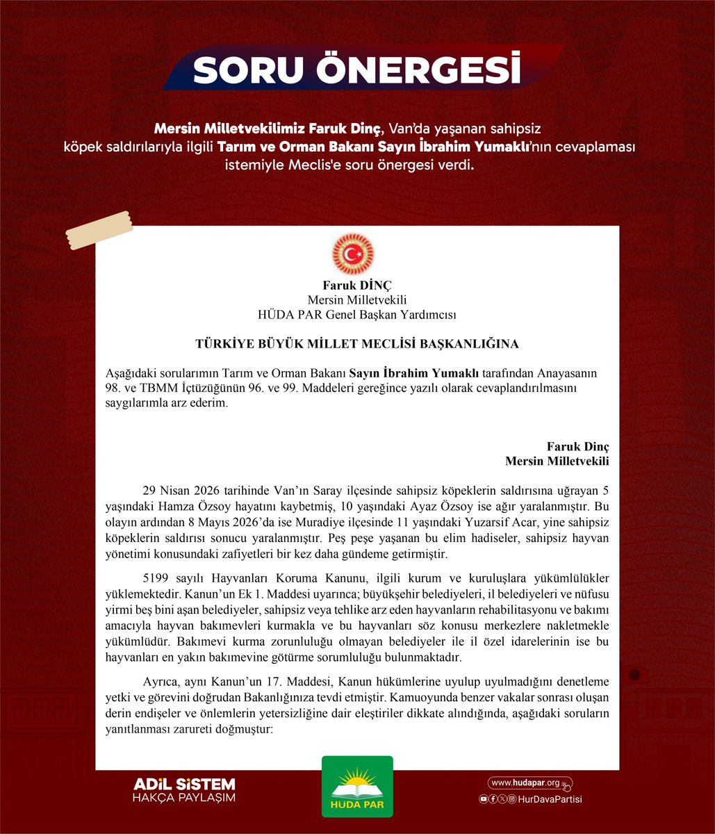 HudaParTBMM's tweet photo. Mersin Milletvekilimiz Faruk Dinç, Van'da yaşanan sahipsiz köpek saldırılarıyla ilgili Tarım ve Orman Bakanı Sayın İbrahim Yumaklı'nın cevaplaması istemiyle Meclis'e soru önergesi verdi. https://t.co/ybvi3DdVi8