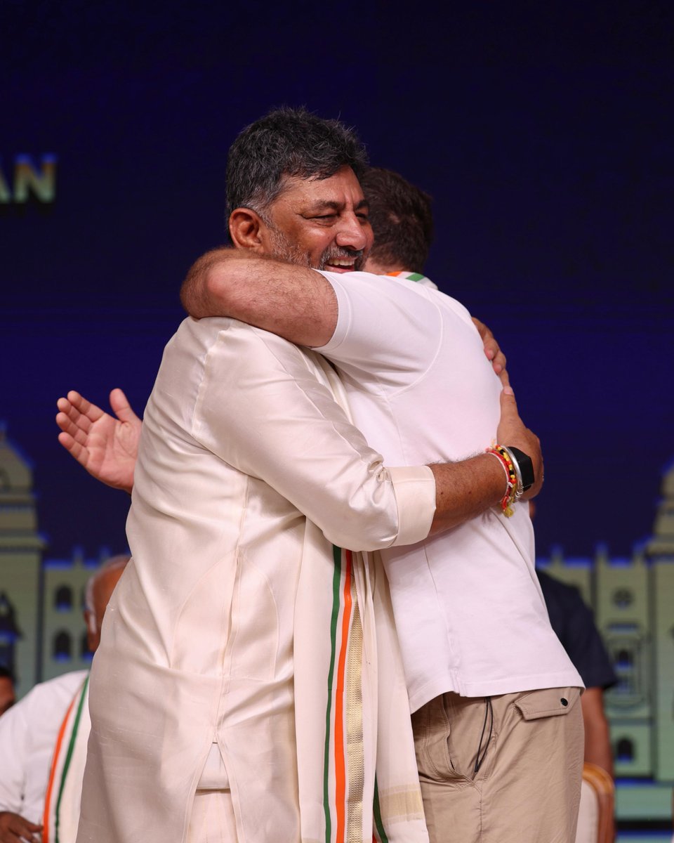 RahulGandhi's tweet photo. The people of Karnataka placed their trust in us, and that trust remains our greatest responsibility.

Warm congratulations to CM Shri D.K. Shivakumar ji and the Council of Ministers, who will carry forward the aspirations of the people of Karnataka.

My sincere thanks to Shri Siddaramaiah ji, whose leadership and service have strengthened Karnataka and improved millions of lives.

The Congress party’s guarantees remain the foundation of our governance and commitment to social justice.

We will keep listening, delivering, and serving the people of Karnataka.