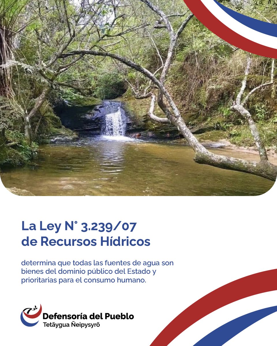 DefensoriaPy's tweet photo. 🔹 Ley N° 3.239/07 (Recursos Hídricos): Determina que todas las fuentes de agua son bienes del dominio público del Estado y su uso prioritario es, siempre, el consumo humano.

🔹 Ley N° 716/96: Protege este derecho tipificando como delito penal el vertido de efluentes sin tratar y la contaminación de caudales hídricos, con penas que van de 1 a 5 años de prisión.