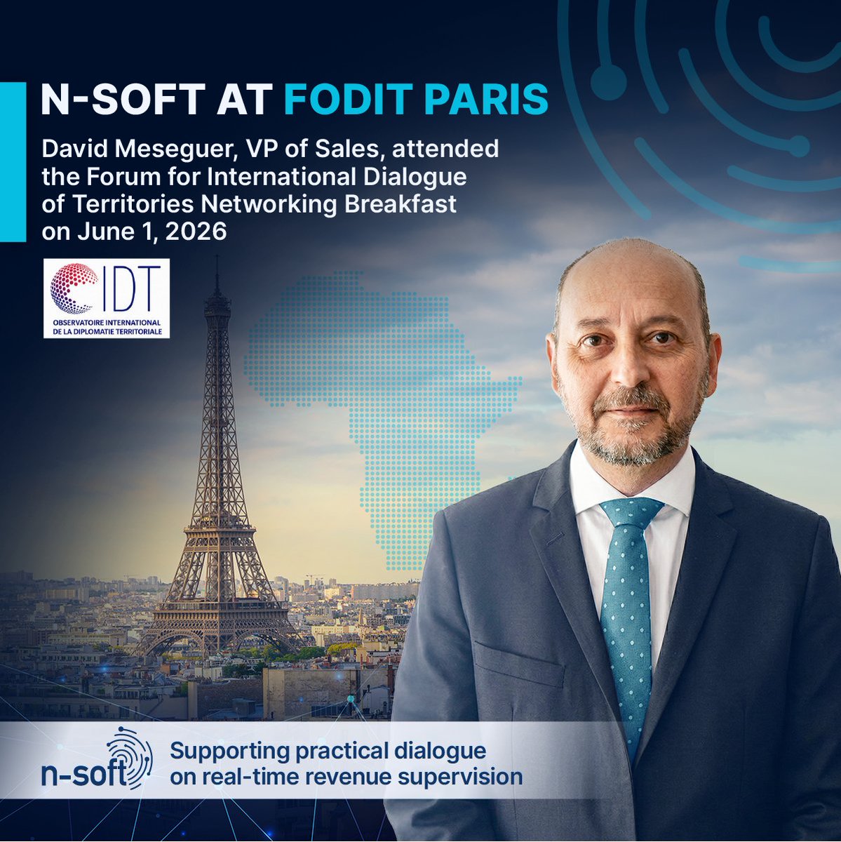ZiniRoger's tweet photo. Modern fiscal supervision starts with trusted data.

N-Soft attended the Forum for International Dialogue of Territories (FODIT) Networking Breakfast in Paris on 1 June 2026.

Represented by David Meseguer, VP of Sales, @nsoft17, joined decision-makers, entrepreneurs, diplomats, and local leaders for practical dialogue on governance, territorial cooperation and real-time revenue supervision.

Certified reporting at source helps public authorities strengthen oversight, fiscal transparency, and digital revenue management.
