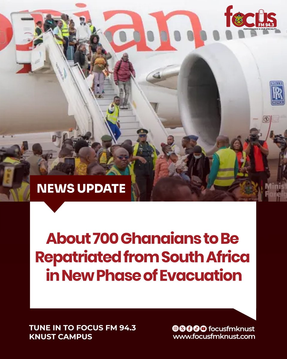 knustfocusfm's tweet photo. The Government of Ghana is set to bring home about 700 more Ghanaian nationals from South Africa over the weekend as part of ongoing efforts to evacuate citizens affected by rising tensions and safety concerns in the country.

Read more here: https://t.co/gBdUcIlBn1 https://t.co/9PDDAKep3E
