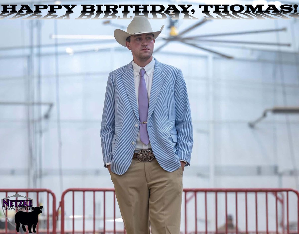NetzkeCattle's tweet photo. The youngest Netzke turns a quarter of a century old today! We’re thankful for the breeding opinions, knowledge and fitting help Thomas provides throughout the year. Happy 25th Birthday, Thomas! 🎉 https://t.co/EZUa8Pn1YL