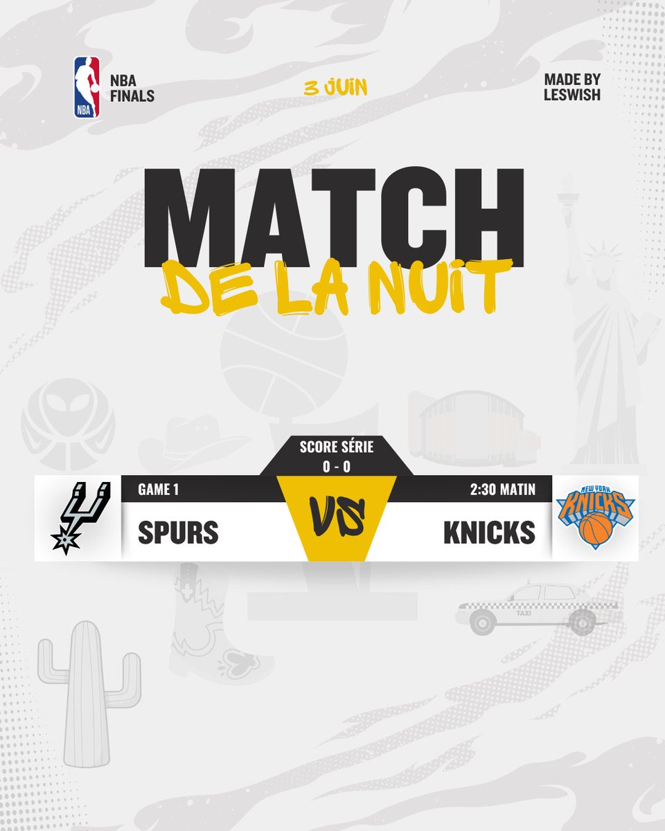 Le_Swish_'s tweet photo. 🏆 Finales NBA - 3 juin

🤠 versus 🗽

Le moment est arrivé. Les Finales NBA 2026 débutent cette nuit à San Antonio et elles s'annoncent comme tout ce qu'on aime dans ce sport : deux styles opposés, deux générations différentes, un seul trophée 🏆

Spurs vs Knicks / Game 1
Série : 0-0

San Antonio a survécu à un Game 7 épique face à OKC pour mériter sa place ici. Les Knicks, eux, ont balayé Cleveland 4-0 en finale de conférence. Une démonstration de force collective qui n'a laissé aucun doute sur leur statut. Deux chemins radicalement différents menant vers le même sommet ⛰️

L'opposition de style est totale. Les Spurs s'appuient sur la meilleure défense des playoffs, portée par un Wembanyama en mission - DPOY élu à l'unanimité cette saison et déjà comparé aux plus grands à seulement 22 ans. En face, New York fait tourner l'une des attaques les plus fluides et profondes de la ligue, avec Brunson qui prend le match sur son dos dans les moments décisifs 😌

Le duel tactique central de cette série : comment les Spurs vont-ils contenir Jalen Brunson et neutraliser une attaque des knicks qui crée des décalages permanents via ses seconds ball handlers ? Et dans l'autre sens, KAT peut-il imposer sa domination offensive face au phénomène en noir et argent ? Wembanyama au poste 5 contre Towns, c'est l'opposition individuelle qui pourrait définir toute la série 🤔

C'est Stephon Castle et Dylan Harper qui portent le deuxième rôle offensif aux côtés de Fox. Castle gère le ballon, crée, met la pression sur les défenses adverses. Harper, le rookie, apporte le scoring et l'audace d'un joueur qui n'a peur de rien et dans ces Finales, ça peut faire des dégâts  👀

Et un nom à garder dans un coin de la tête : Julian Champagnie. Si le shooteur des Spurs prend feu derrière l'arc, ça peut complètement faire dérailler le plan défensif des Knicks 🔥

Côté Knicks, Mitchell Robinson joue avec une fracture à la main. Sa capacité à tenir au rebond offensif et à protéger le cercle face à Wembanyama sera scrutée dès cette nuit. Si Robinson tient le coup physiquement, New York a les armes pour gagner cette série. Si Wemby le neutralise dès le Game 1, le ton sera donné...

Deux coachs capables d'ajustements majeurs d'un match à l'autre. Une profondeur de banc des deux côtés qui peut faire basculer n'importe quelle rencontre. Et pour la huitième année consécutive, la NBA va couronner un champion différent 👑

Cette nuit, à San Antonio, tout commence 🥵

Tip-off : 2h30 🏀

#NBA #LeSwish