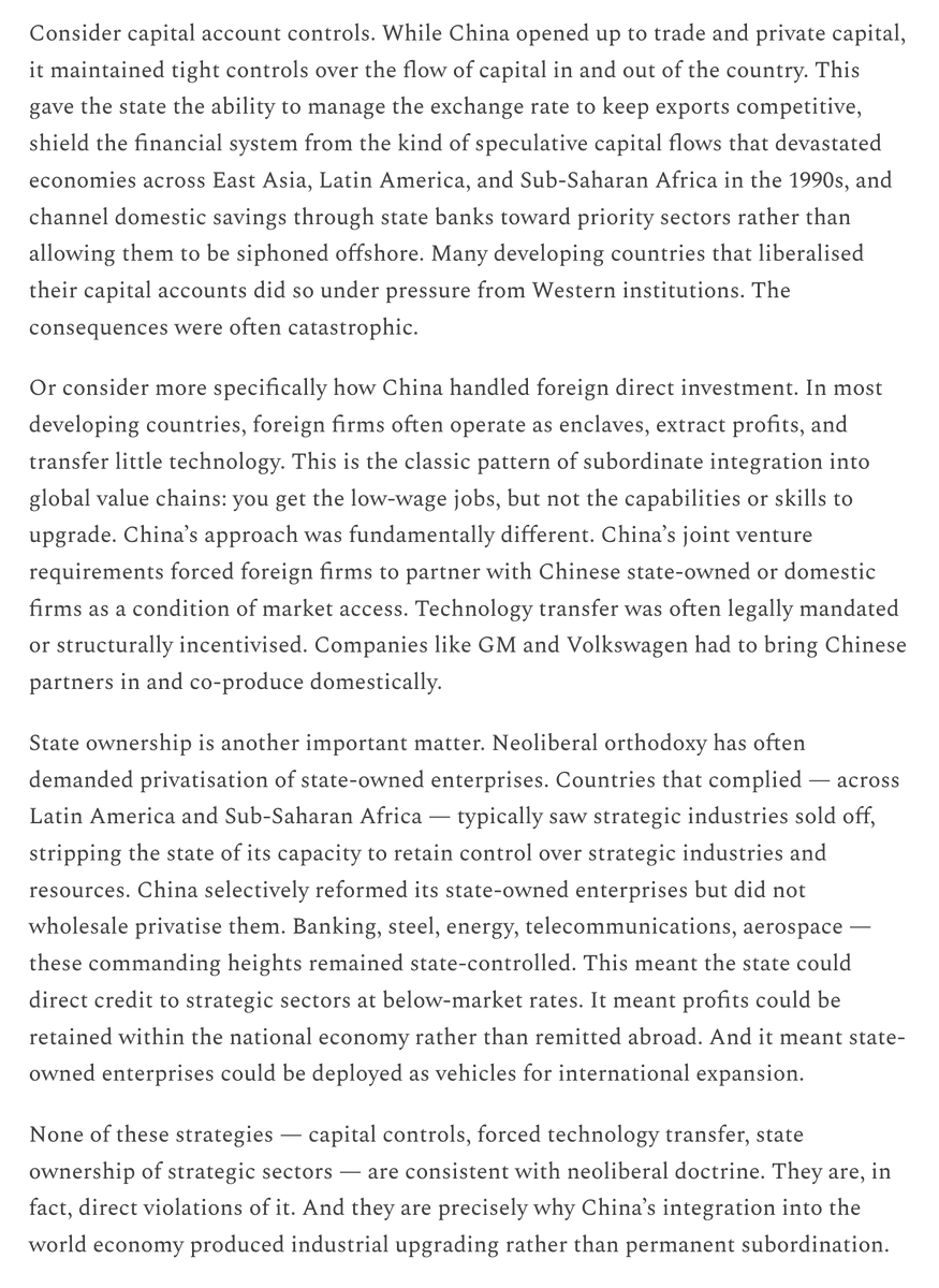 haugejostein's tweet photo. There's a common misconception China's spectacular growth was enabled by free trade.

China liberalised, yes, but in a way that *defied* neoliberal doctrine.

The state controlled liberalisation through capital controls, forced technology transfer, and state ownership. https://t.co/r2h8puiSYX