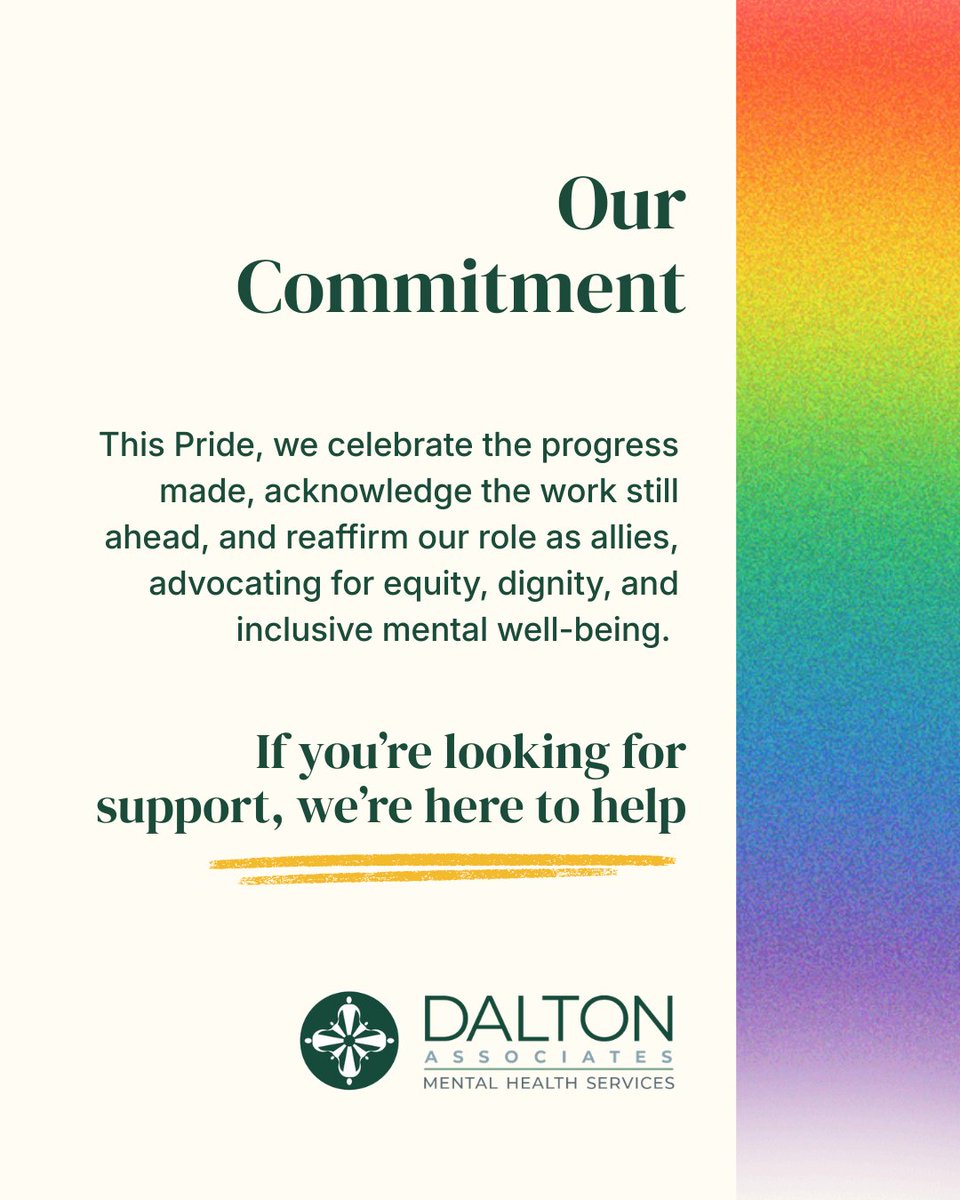 DaltonAssociate's tweet photo. Happy Pride Month!

Pride is a time to celebrate love, identity, resilience, and to keep building a world where everyone can live authentically. As a mental health and wellness organization, our commitment is simple: safe, inclusive, affirming care where every person feels seen, respected, and valued.

As an organization, we continuously endeavour to be staunch allies with the 2SLGBTQIA+ community.

Visit us at https://t.co/XEZlLEqDqT, or call us at 1-888-245-5516 
#PrideMonth #2SLGBTQIA #MentalHealth #Inclusion #YouAreNotAlone
