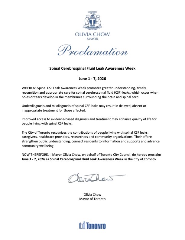 SpinalCSFCanada's tweet photo. We are honoured to share that Mayor @oliviachow has
proclaimed June 1–7, 2026, as Spinal Cerebrospinal Fluid Leak Awareness Week in the City of #Toronto.

Thank you to Mayor Olivia Chow &amp;Toronto City Council for this important recognition.
#SpinalCSFLeakWeek2026 https://t.co/nj0o43hxFy