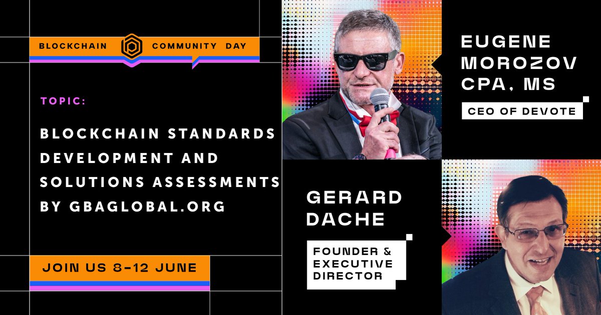 BlockchainProfs's tweet photo. 🌐 Blockchain Community Day Session Feature: Blockchain Standards & Solutions Assessments

At Blockchain Community Day 2026, Eugene Morozov (Information Security Architect) & Gerard Dache (Founder of @gbaglobal) discuss international standards development and blockchain solutions assessments.

Focus areas based on their enterprise and public sector track record: 
▪️ Blockchain maturity models and international frameworks 
▪️ Zero-Trust security architectures for citizen data 
▪️ Risk management, data protection, and policy integration

📅 June 8–12, 2026 | 🌍 Online 

🔗 Claim your free spot: https://t.co/hI2xeBIeDR