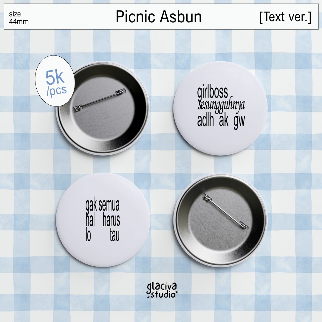 glaciva's tweet photo. [READY STOCK]

picnic asbun by 
@glaciva
 
text meme pin button 

size 44mm
min pembelian 2pcs

📦 shipping by shopee

🔗https://t.co/tAXyLlHGYv

t. pin button txt meme indo merch fanmade #zonauang https://t.co/frlrJMc3Tk