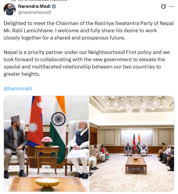PTI_News's tweet photo. PM Modi (@narendramodi) posts, "Delighted to meet the Chairman of the Rastriya Swatantra Party of Nepal Mr. Rabi Lamichhane. I welcome and fully share his desire to work closely together for a shared and prosperous future.  Nepal is a priority partner under our Neighbourhood First policy and we look forward to collaborating with the new government to elevate the special and multifaceted relationship between our two countries to greater heights."