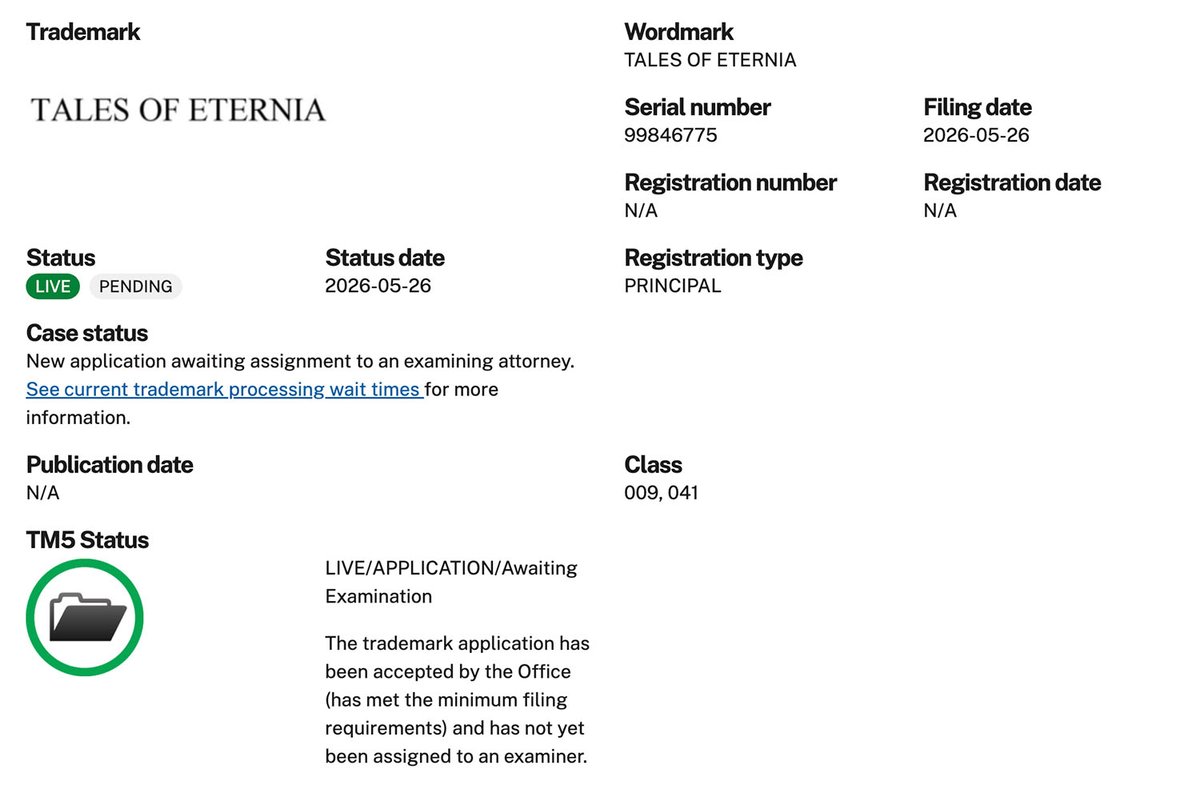 AbyssalC's tweet photo. A new trademark for "Tales of Eternia" has been filed last month in the US: https://t.co/T8oMWU3xaG

Last April, we reported that a PEGI rating for "Tales of Eternia Remastered" had surfaced. https://t.co/7OvrFYpWNd