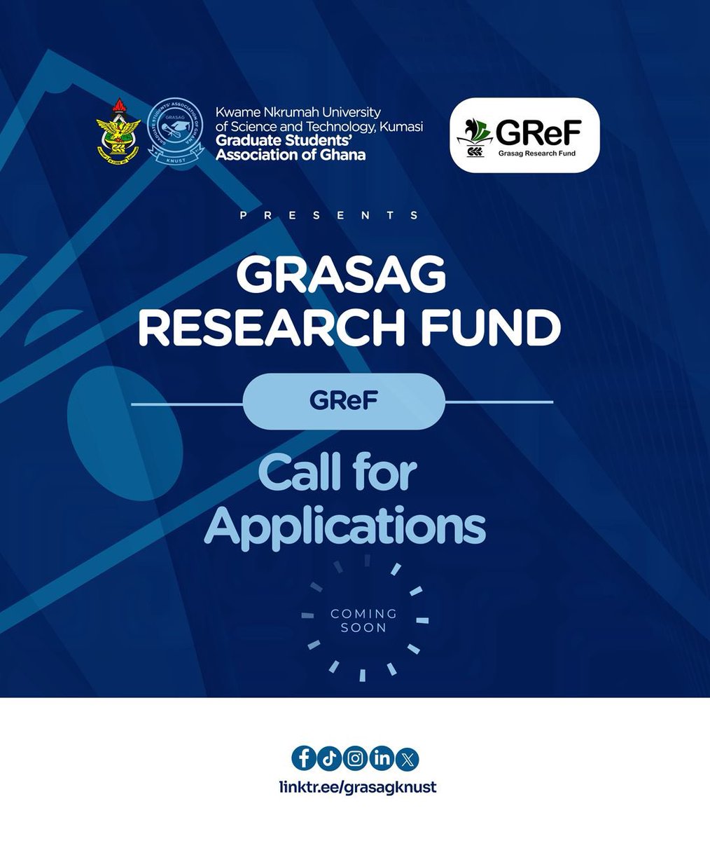 GRASAGKNUST's tweet photo. Your research deserves support and recognition. 🔬✨
The GRASAG Research Fund is opening soon for applications.
Prepare to take your academic journey to the next level.🤝
More details coming your way shortly…

Stay tuned for more info 💙✨
#GReF #ResearchFund #GRASAG https://t.co/nIGdLt6los