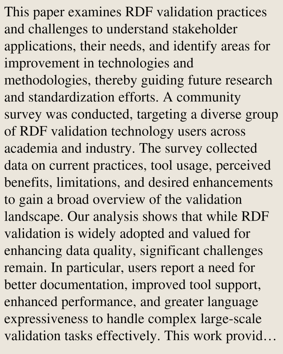 UFCS's tweet photo. A Community Survey on SHACL and ShEx: Briding Gaps in RDF Validation

Maxime Jakubowski, Dominik Tomaszuk, Katja Hose
https://t.co/8s1s8I7yZJ [𝚌𝚜.𝙳𝙱]
💬Presented at SEMANTiCS 2025 https://t.co/jZ0CXdA5bg