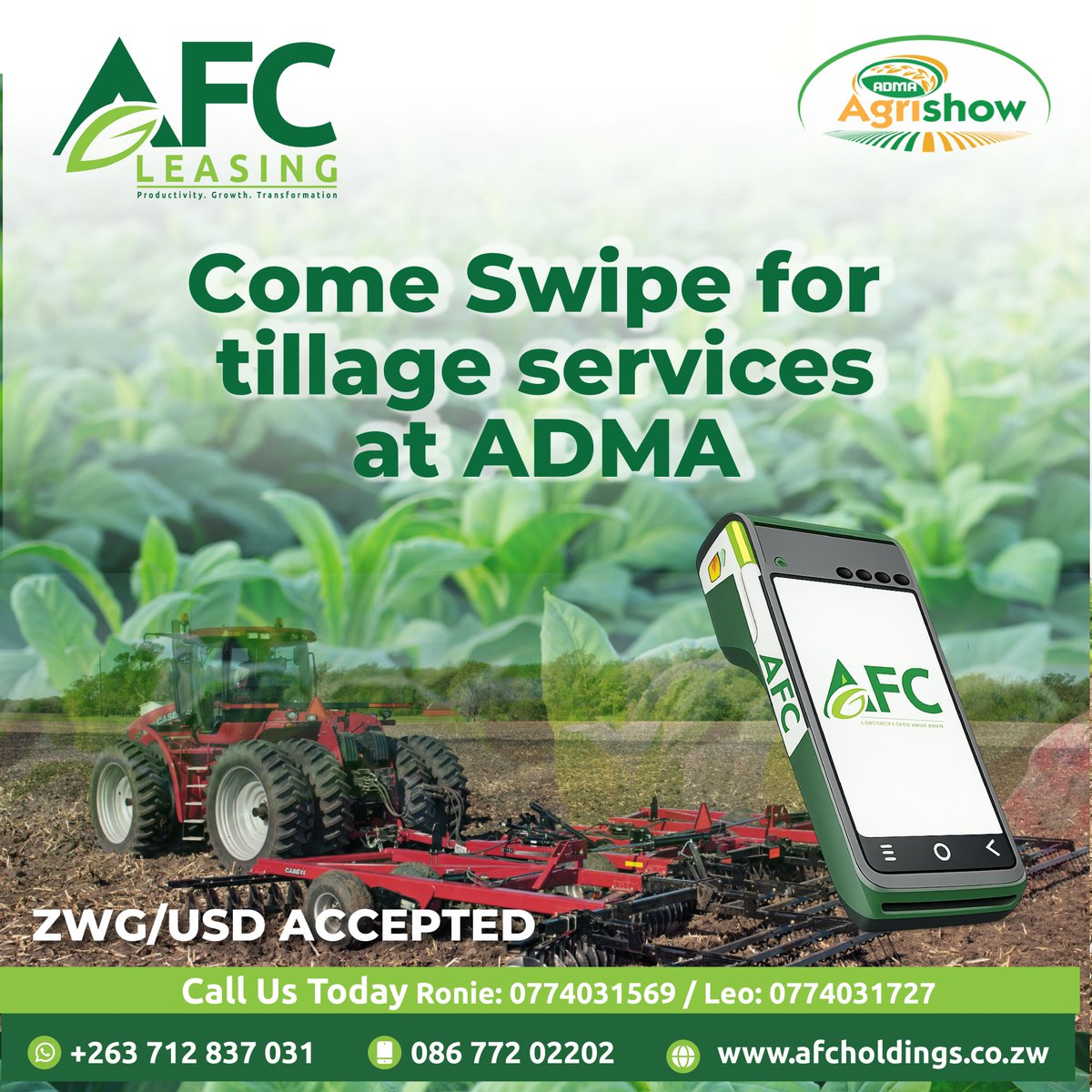 AfcHoldings's tweet photo. Stop by our stand today and let’s get your land ready for a productive season! Simply swipe for tillage services, both USD and ZWG is accepted. https://t.co/WaT6Fh3YGw
