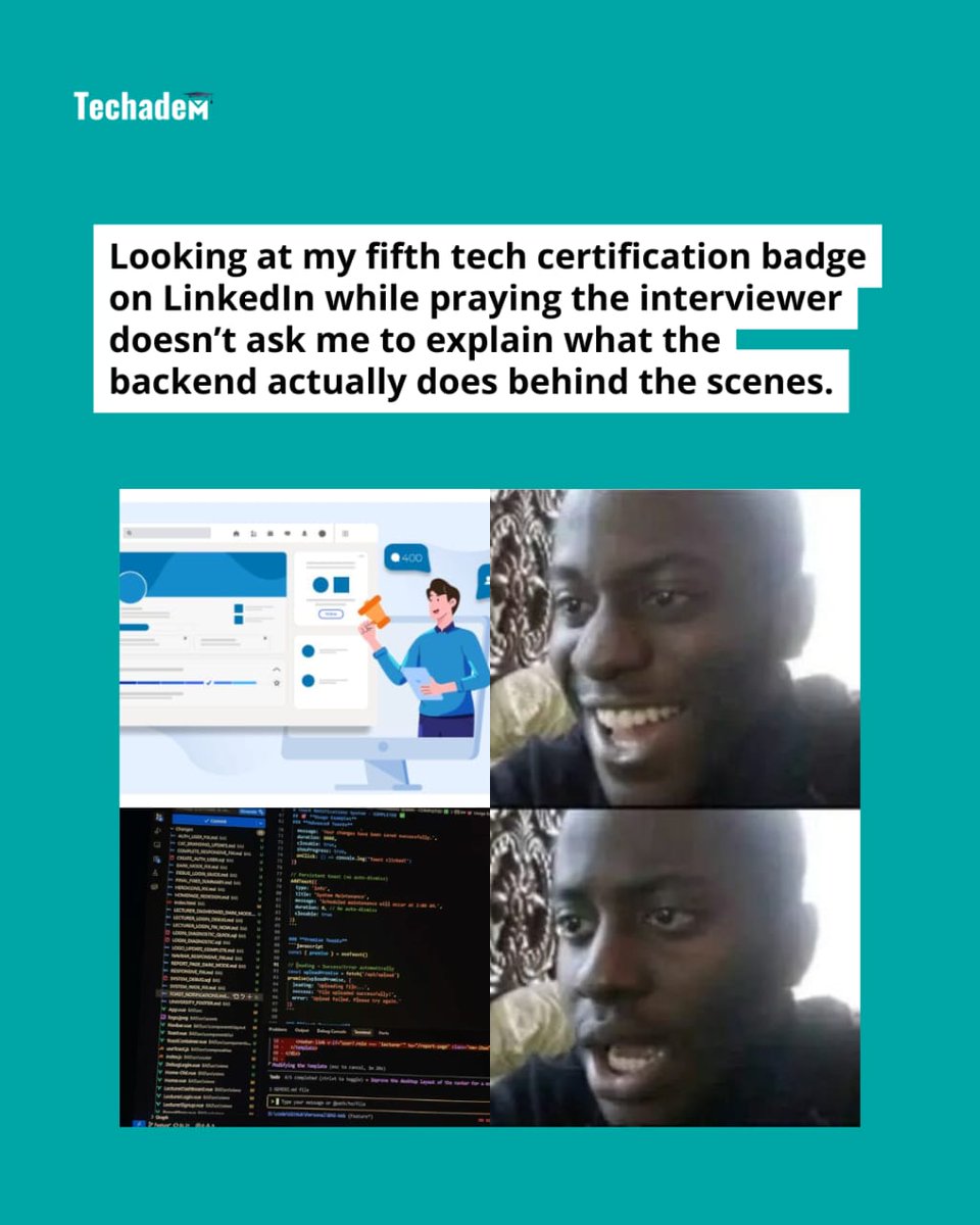 techadem__'s tweet photo. Certificates look very nice on social media profiles, but competence is what actually survives a technical interview panel. 

Employers want to see how you troubleshoot real errors, not how many PDFs you have collected. Build real, defensible skills with Techadem.

#Techadem https://t.co/6RaEEhJMRU