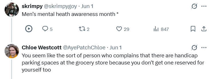 Blue_cheese16's tweet photo. @AyePatchChloe @skrimpygoy @OfficialRWBY "Men's mental health is important" hypocrite much? https://t.co/x1IfeZu4KU