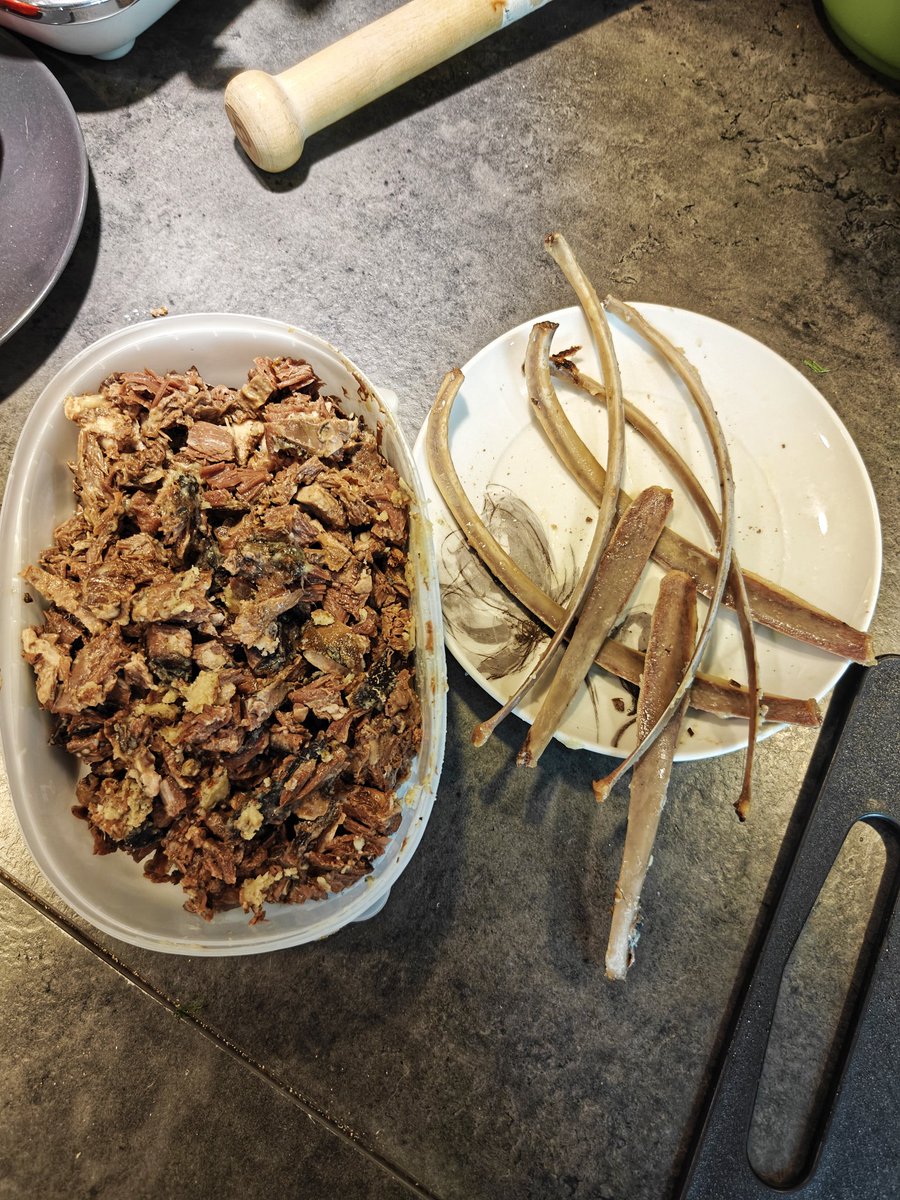 joonas_hietala's tweet photo. Joonaksen pitkänkaavan kauriinkylkipasta vaihe 2:
Luut poimittu pois liemestä ja lihat pienitty silpuksi. Liemen sekaan tomaattia, selleriä, tomaattipyrettä, sitruunamehua ja etikkaa.Sitten keitellään liemi kastikkeeksi.
Ps. Missä mun durumjauhot on?
#slowcooking #pitkätlomaruuat https://t.co/h8KnZb0qi0