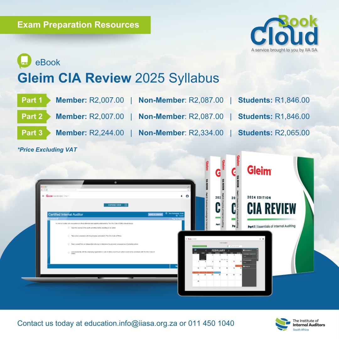 IIASOUTHAFRICA's tweet photo. Get exam-ready with confidence 

Prepare for your CIA exams with the Gleim CIA Review 2025 Syllabus, now available as an eBook on Book Cloud – IIA SA’s trusted digital learning platform.

Designed to support candidates at every stage, Gleim offers structured content, practice questions, and smart study tools to help you master Part 1, Part 2, and Part 3 with ease.

🎓 Member and student pricing available
💡 Study anytime, anywhere with digital access
📩 Enquiries: education.info@iiasa.org.za | 011 450 1040

Invest in the right resources and take the next step toward your CIA designation.

#IIASA #InternalAudit #AuditResources #CIA