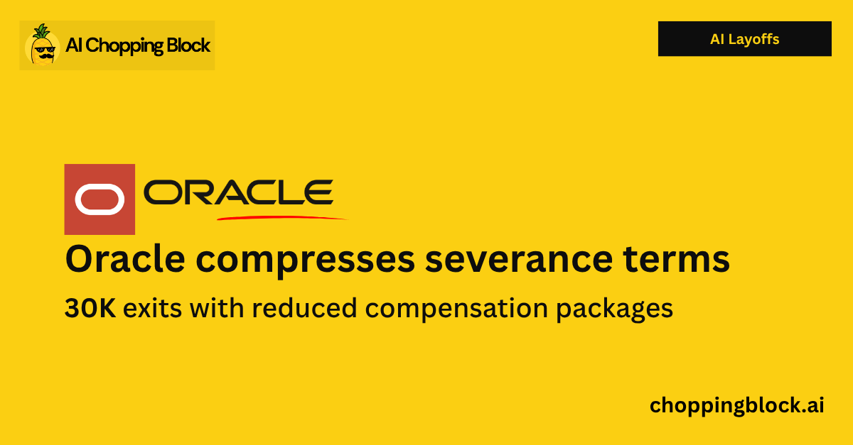 aichopblock's tweet photo. Oracle eliminated 30,000 positions with compressed severance packages that cost some long-tenured employees up to $1 million in restricted stock forfeitures. 

The structure suggests accelerated workforce rebalancing over retention of institutional knowledge. https://t.co/6NAHRXmgUw