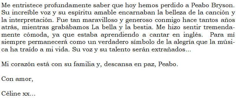 Celine_simple's tweet photo. Nota de condolencia de #CelineDion tras conocer el fallecimiento del gran Peabo Bryson. 
Descanse en paz😢 https://t.co/IYnpshOIrI