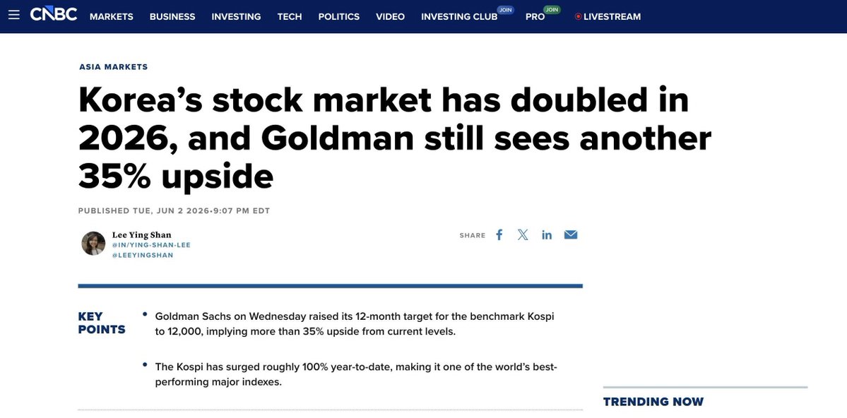 Charloomberg's tweet photo. Just yesterday on 6/2, Goldman Sachs raised its KOSPI target to 12,000. But Charloomberg predicted 15,000 even before Goldman did! 🚀
Follow Charloomberg right now and let’s get rich by 2028! 💰 https://t.co/wMmkzHSugK