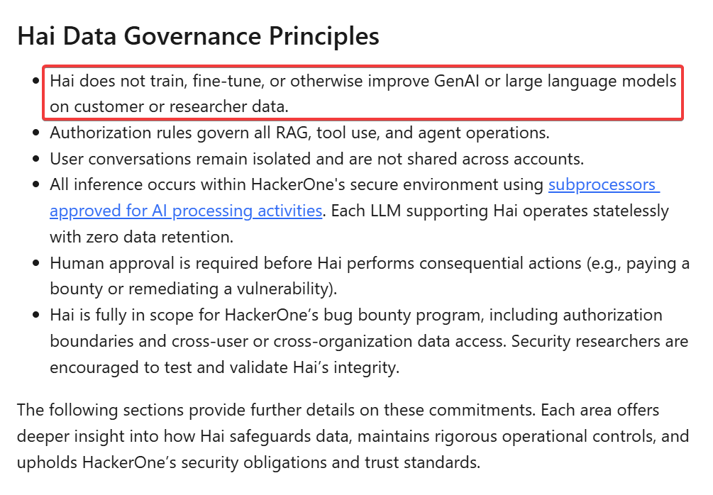 tmctmt's tweet photo. @h4x0r_dz it's weird because they explicitly promise not to train LLMs on 'customer or researcher data', but that phrasing suggests they don't train on public reports either. https://t.co/wvmpXvLpDt