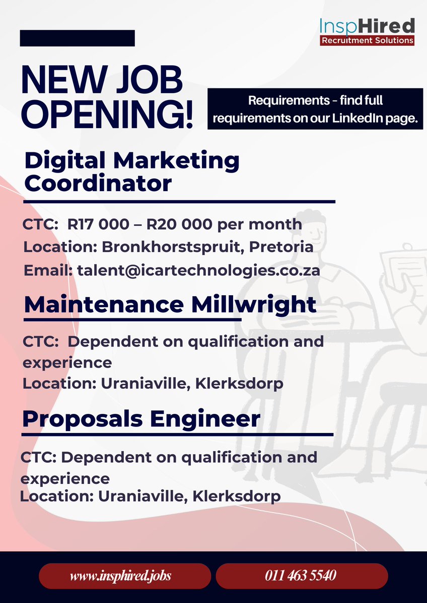 InspHiredSA's tweet photo. JOB OPPORTUNITIES
Maintenance Millwright:
https://t.co/c4BoJEhhKT
#MaintenanceMillwright

Proposals Engineer:
https://t.co/7TZUWvZTGy
#ProposalsEngineer

Digital Marketing Coordinator:
https://t.co/8IaJUZBTq2
#DigitalMarketingCoordinator 

🔗 LinkedIn: https://t.co/9lxR7IueSY https://t.co/z0nNMm6y4M