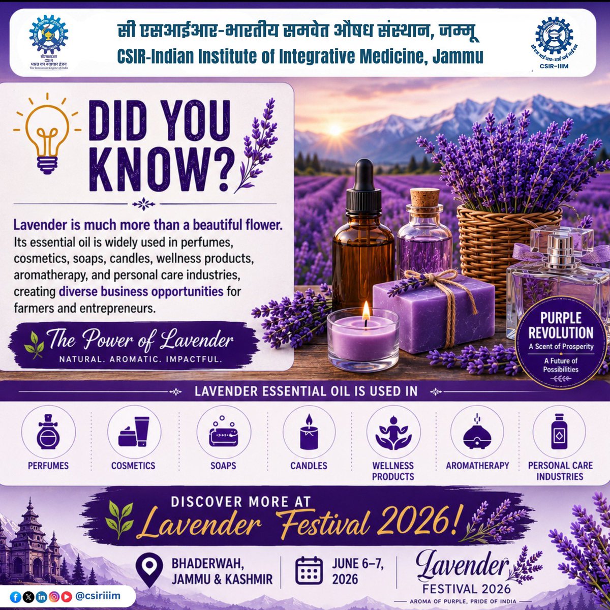 csiriiim's tweet photo. 💡 Did You Know?
Lavender is much more than a beautiful flower. Its essential oil is widely used in perfumes, cosmetics, soaps, candles, wellness products, aromatherapy, and personal care industries, creating diverse business opportunities for farmers and entrepreneurs.
🌿 Discover more at Lavender Festival 2026!
#DidYouKnow #LavenderFestival2026 #PurpleRevolution #EssentialOils #AromaticCrops #CSIRIIIM #Bhaderwah