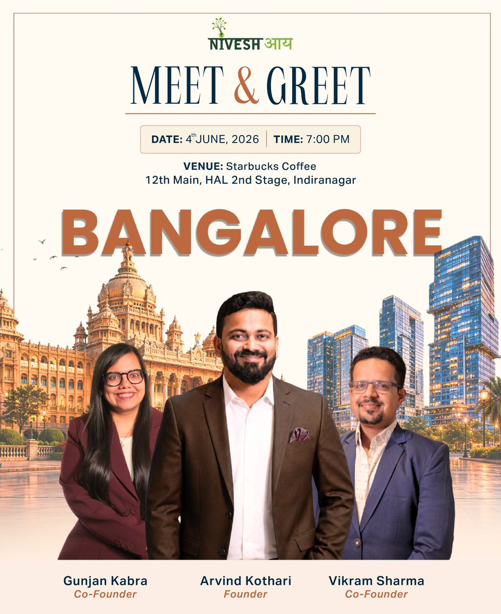 niveshaay's tweet photo. Namaskara Bengaluru! 🙏🏻

After an incredible evening in Delhi, our founders are now heading to Bangalore, the city that thrives on ideas, ambition, and endless cups of coffee. 

Join the founders of Niveshaay for an intimate Meet & Greet.

Where we discuss markets beyond the headlines, long-term wealth creation, and the philosophy that guides our investing decisions.

📍Location: https://t.co/4xd4tR8Xg1
🔗 Register here: https://t.co/RCIMqbNkMT

See you there, Bangalore!

@arvind_kothari @KabraGunjan @csvikramsharma 
#Niveshaay #Investorsmeeting #Bangalore #NiveshaayMeetandGreet #CapitalAndConviction #LongTermInvestment #Bangaloreinvestors