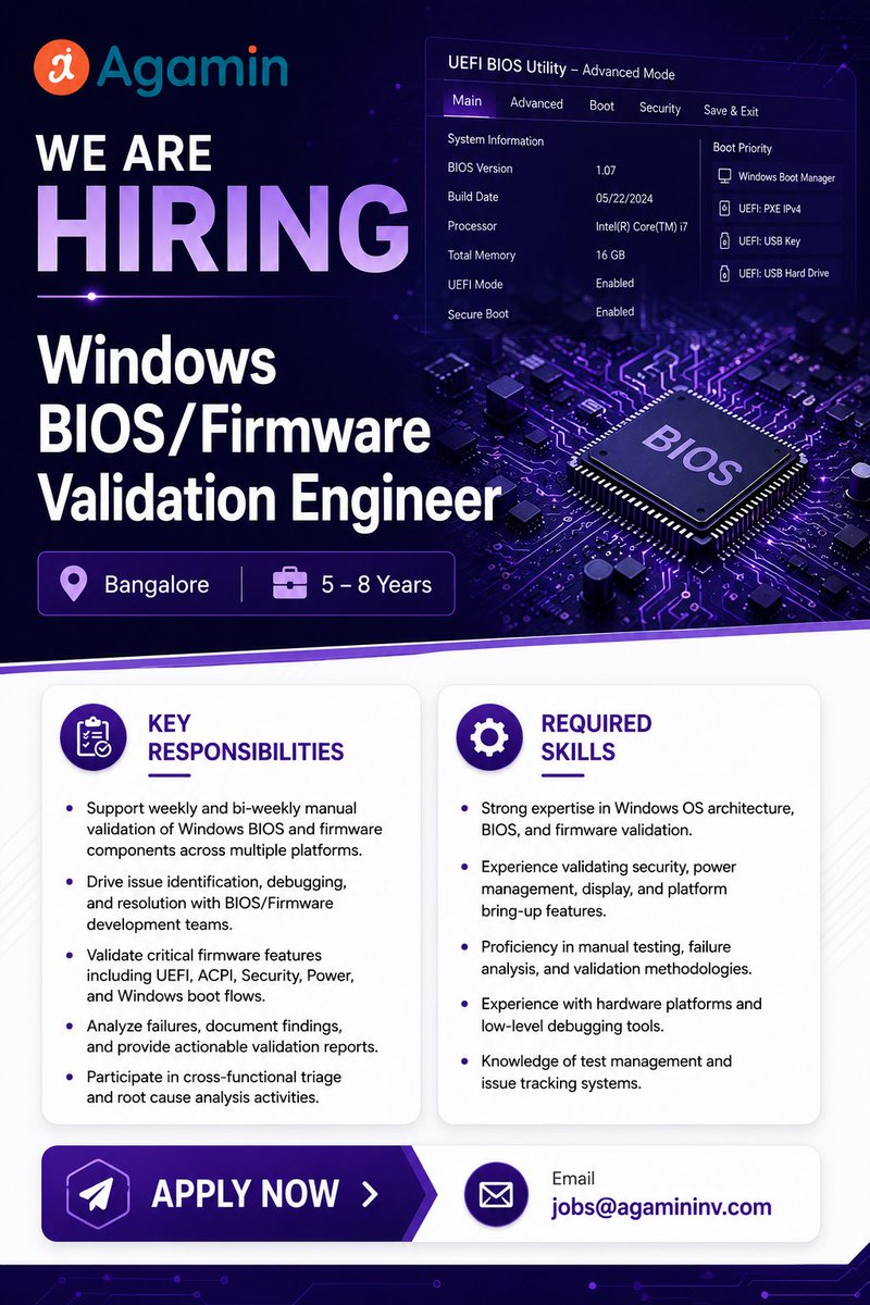 agamin_ai's tweet photo. We're hiring a Windows BIOS/Firmware Validation Engineer in Bangalore (5–8 yrs). Join Agamin and work on cutting-edge BIOS, UEFI &amp; firmware validation projects.

#Hiring #BangaloreJobs #Firmware #BIOS #UEFI #TechJobs #Agamin https://t.co/vmewrcqUdd